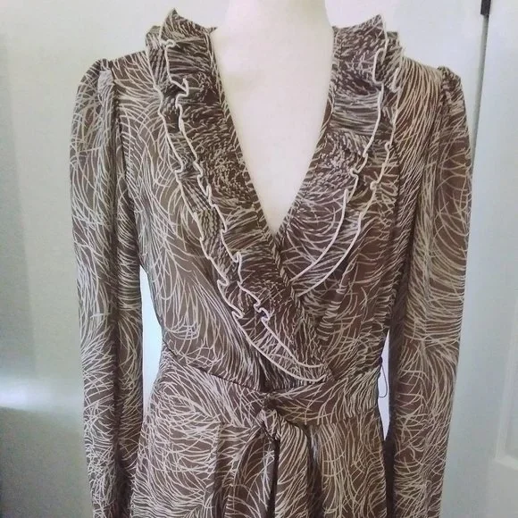 Studio 36 Dress Vintage 80's Brown & Cream Long Sleeve Size L Deep V-Neck - Picture 5 of 8